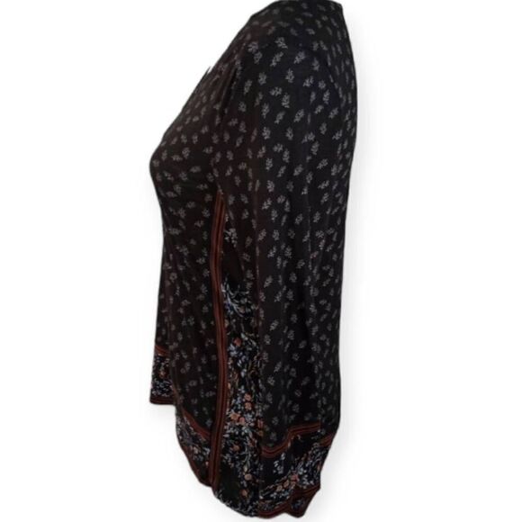 LUCKY BRAND BLACK, BURGUNDY, & WHITE FLORAL BOHO-INSPIRED TUNIC TOP SZ.S EUC. - Picture 2 of 6